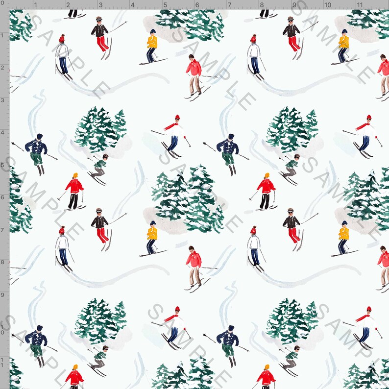 May include: A white background with a repeating pattern of skiers in colorful clothing skiing down a snowy mountain. The skiers are wearing red, blue, yellow, and green clothing. There are also green pine trees on the mountain.