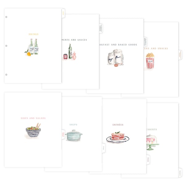 Tab Dividers for Recipe Binder - 8 Categories, Cute Tab Dividers, Fits Standard Binder, Kitchen Binder Tabs, Illustrated Recipe Tab