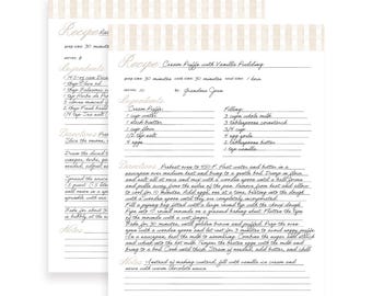 Página de receta en PDF imprimible y plantilla de Canva: relleno Cottagecore de cuadros vichy beige, elementos de texto móviles, fuente personalizada