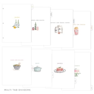 May include: White multi-tab dividers with watercolor illustrations for various food categories. Includes dividers for drinks, sides, entrees, and desserts. The text "MULTI TAB DIVIDERS" is at the bottom.