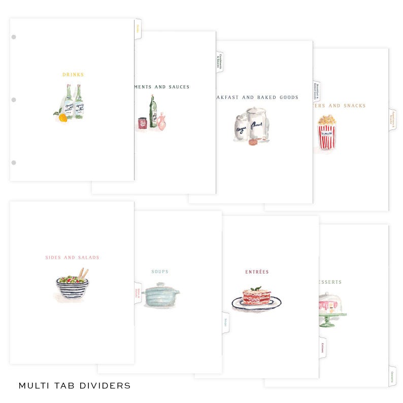 May include: White multi-tab dividers with watercolor illustrations for various food categories. Includes dividers for drinks, sides, entrees, and desserts. The text "MULTI TAB DIVIDERS" is at the bottom.
