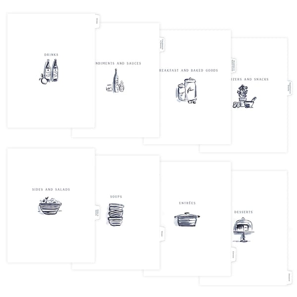 Blue Tab Dividers for Recipe Binder - 8 Categories, Cute Tab Dividers, Fits Standard Binder, Kitchen Binder Tabs, Illustrated Tabs