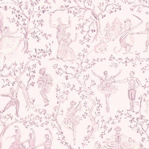May include: A light pink fabric featuring a repeating toile pattern in a darker shade of pink. The design depicts various ballet dancers in motion, figures in period clothing, and stylized trees with branches and leaves throughout the scene.