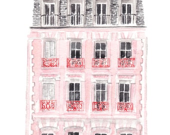 Paris Art Print - Paris House Illustration, Pink House Illustration, Paris Watercolor Art, Paris Painting, Paris Art Print, Paris Wall Art
