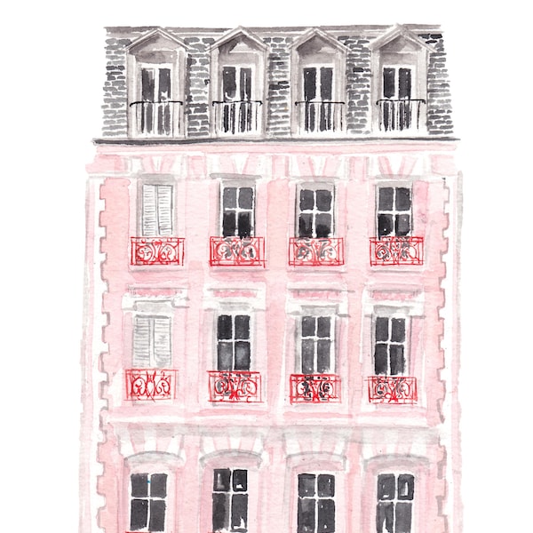 Paris Art Print - Paris House Illustration, Pink House Illustration, Paris Watercolor Art, Paris Painting, Paris Art Print, Paris Wall Art