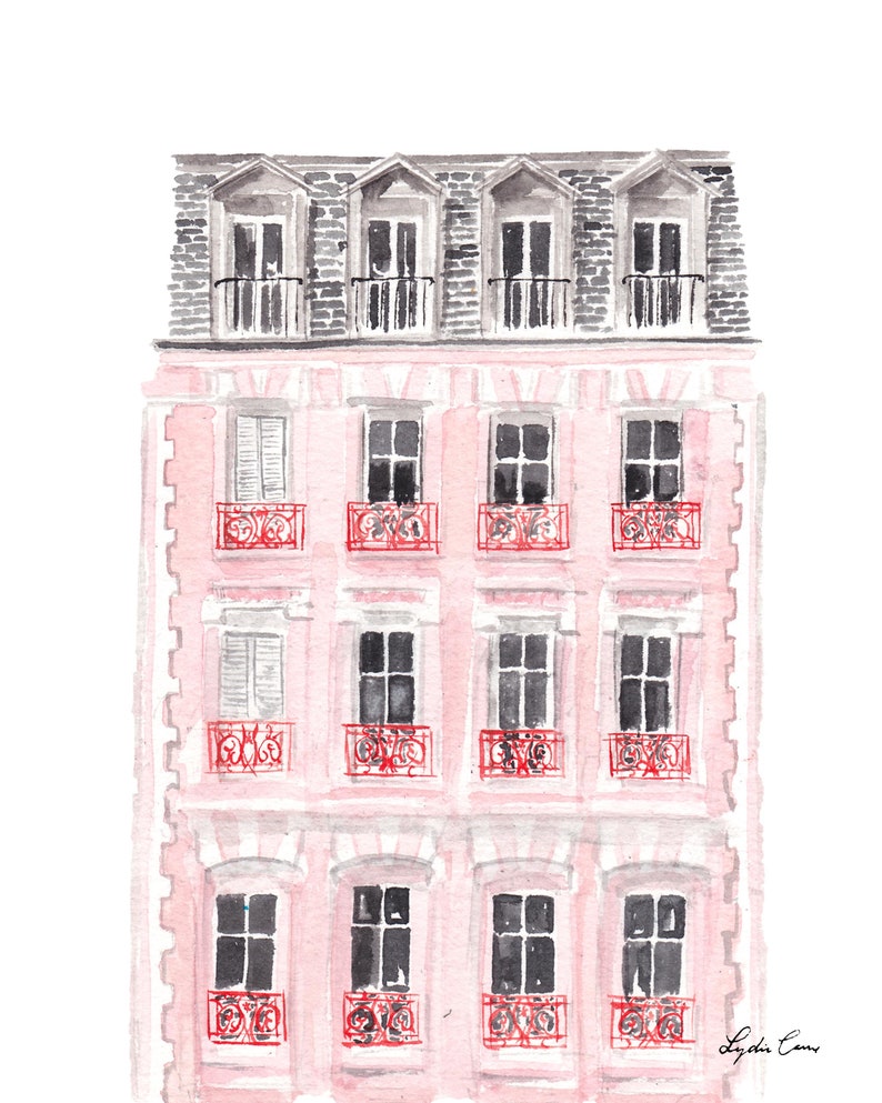 Puede incluir: Una pintura de acuarela de un edificio rosa con m&uacute;ltiples ventanas y balcones. El edificio tiene un techo gris y acentos rojos en los balcones.