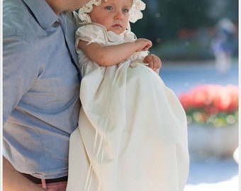 Baby Girl Christening Gown - Christening Silk Dress - Baptism Short Sleeve Outfit - Long Baptism Dress -  Ivory or Cream / Ecru Baptism Gown