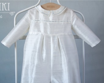 Boys Christening Outfit  -  Baby Baptism Silk Romper - Toddler Christening Jumpsuit in White, Ivory or Cream - Ecru