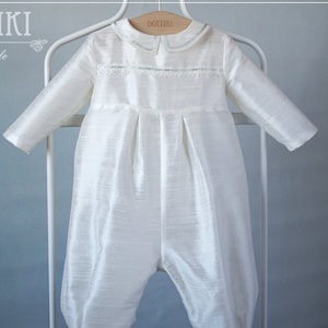 Baby Boy Baptism Outfit – Silk Christening Romper with Cotton Lace & Silk Ribbon - Whie, Ivory or Cream Jumpsuit