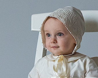 Baby Silk Bonnet - Christening Bonnet - Baptism Cap - Baby Boy and baby Girl Hat in White, Ivory or Cream / Ecru