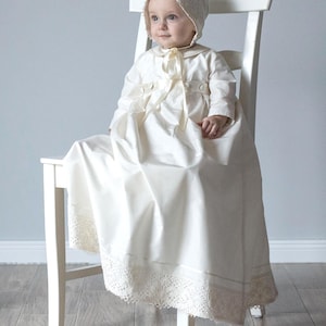 Baby Boy & Baby Girl Christening Outfit - Long Sleeve Cream Silk Baptism Gown - Newborn Christening Clothes - Elegant Special Occasion Wear