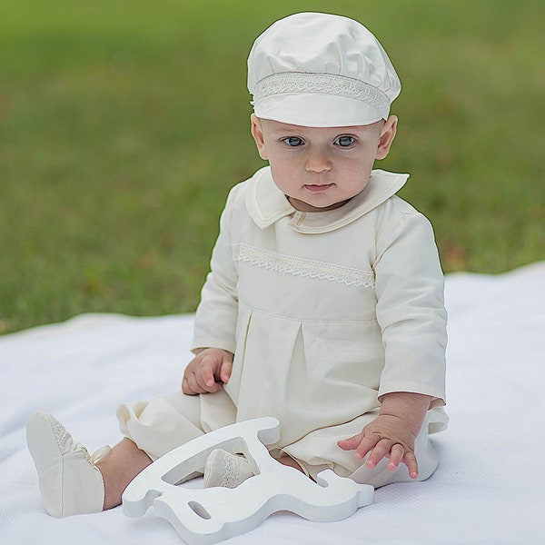 Boy Baptism Outfit - Christening Silk Romper - Baby Boy Blessing Jumpsuit - Long Sleeves Romper