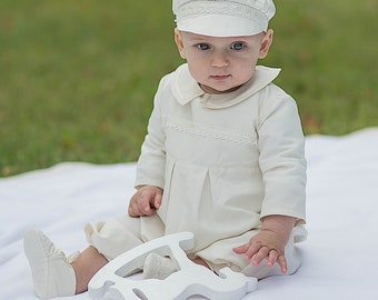 Boy Baptism Outfit - Christening Silk Romper - Baby Boy Blessing Jumpsuit - Long Sleeves Romper