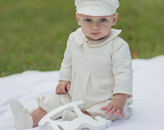 Featured listing image: Boy Baptism Outfit - Christening Silk Romper - Baby Boy Blessing Jumpsuit - Long Sleeves Romper