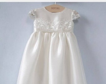 Baptism Gown, Christening  Silk and Lace Gown in Ivory