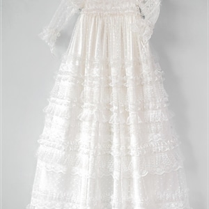Baptism Gown - Christening Silk and Lace Gown - Baby Girl  Baptism Long Sleeve Outfit - Christening Outfit in Ivory