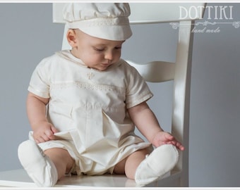 Baby Boy Baptism Outfit - Christening Romper with Cross - Silk Jumpsuit - Toddler Blessing and Wedding Outfit in White, Ivory or Cream