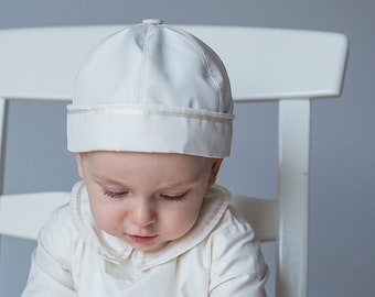 Baby Christening Hat - Boys Baptism Cap - Baby Boy Silk Cap in White, Ivory or Cream / Ecru