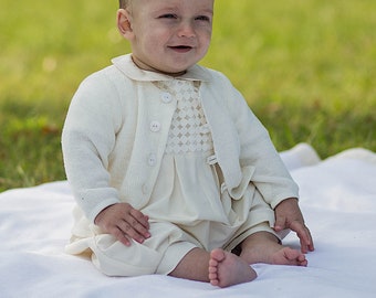 Baby Baptism Sweater  - Baby Boy Cardigan - Boy Baptism Jacket - Christening Sweater in  Ivory or Cream / Ecru