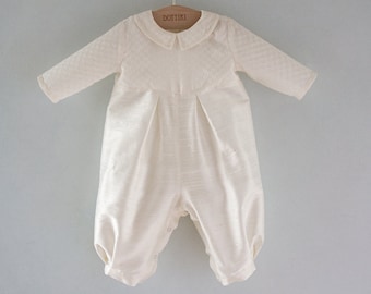 Baby Baptism Outfit -  Boys Christening Romper - Baby Boy Ivory Romper -  Blessing Jumpsuit