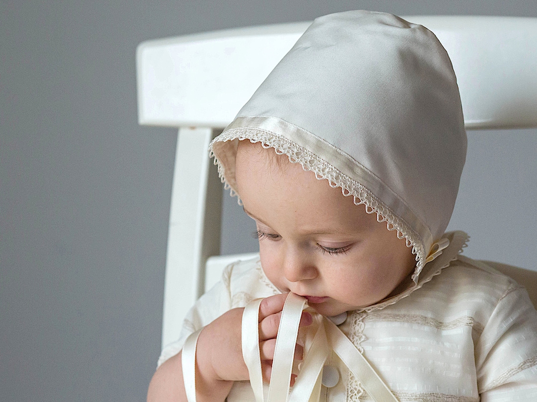 Silk Baby Bonnet: Christening Cap With Cotton Lace