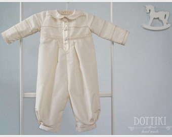 Baby Boy Baptism Outfit - Christening Silk Romper  - Toddler Baptism Long Sleeve Romper