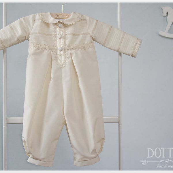 Baby Boy Baptism Outfit - Christening Silk Romper  - Toddler Baptism Long Sleeve Romper