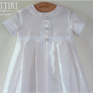 Baby Christening Gown - Baptism Silk Outfit - Baptism Short Sleeve Gown - Baby Boy and Baby Girl Baptism Gown - White and Ivory Gown