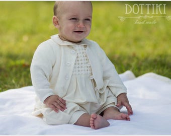 Baby Baptism Sweater  - Baby Boy Cardigan - Boy Baptism Jacket - Christening Sweater in  Ivory or Cream / Ecru