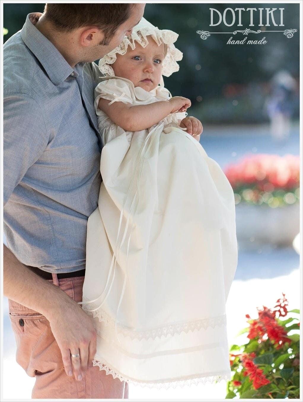 Baby Girl Christening Gown - Christening Silk Dress - Baptism Short Sleeve Outfit - Long Baptism Dress -  Ivory or Cream / Ecru Baptism Gown