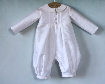 Christening Silk Romper -  Catholic Modern Baby Boy Baptism Outfit - Baby Boy Blessing Jumpsuit - Long Sleeves Romper