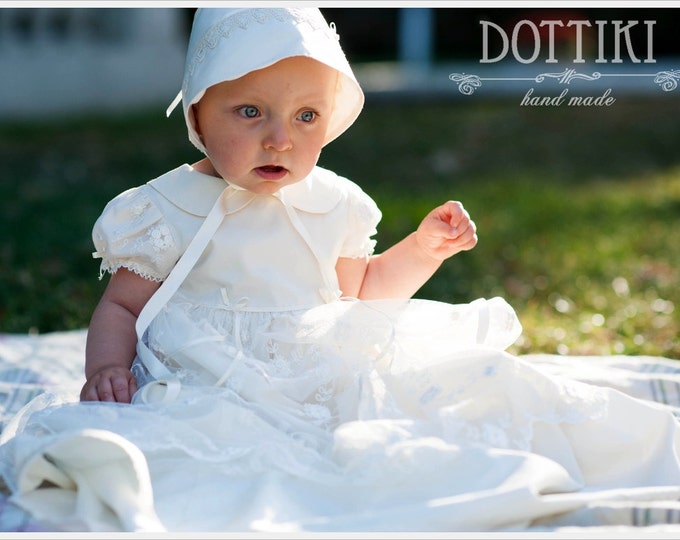 Featured listing image: Baptism Gown - Christening Silk and Lace Gown -Baby Girl  Baptism Short Sleeve Outfit - Christening Outfit in White, Ivory or Cream / Ecru