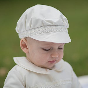 Silk Newsboy Cap for Baby Boy – Elegant Christening Hat with Soft Brim in White, Ivory or Cream / Ecru –  Baptism Accessory