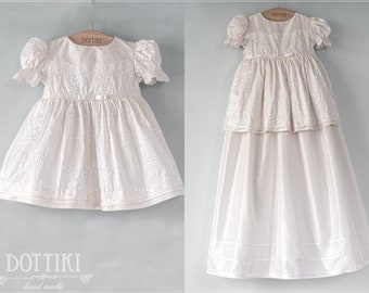 Silk Baptism Gown with Detachable Skirt - Baby Girl's Christening Outfit - Christening and Baptism Dress and Gown