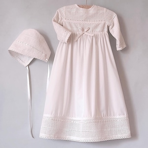 Ivory Cotton Christening Gown with Bonnet – Baptism Dress for Baby Boys and Girls – Handmade Ceremony Outfit – Lace Trim – Custom Baby Gown