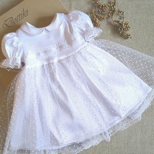 Custom-Made Polka Dot Christening Dress for Baby Girls – Peter Pan Collar Baptism Gown in White or Ivory