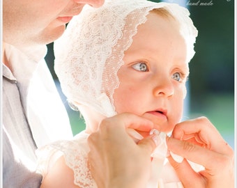 Baby Girl Lace and Silk Bonnet - Baptism Bonnet - christening Cap