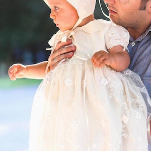 Baptism Gown - Christening Silk and Lace Gown -Baby Girl  Baptism Short Sleeve Outfit - Christening Outfit in White, Ivory or Cream / Ecru