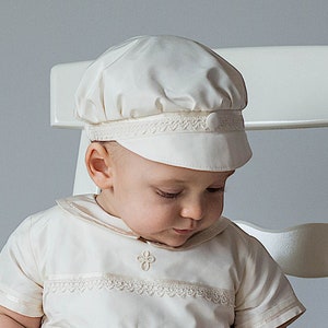 Silk Newsboy Cap for Baby Boy – Smooth Christening Hat with Soft Brim in White, Ivory or Cream / Ecru –  Baptism Flat Cap Style