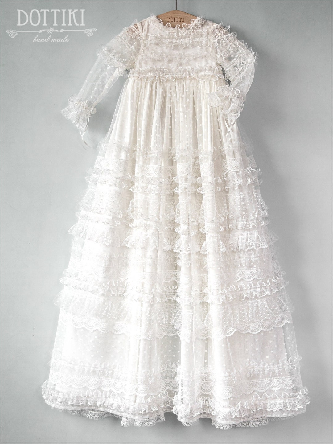 Silk baptism Dress with lace and beaded waistline. main image 1