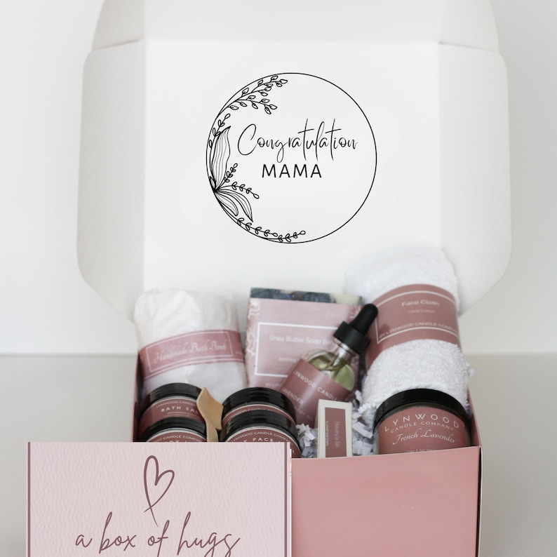 Pregnancy care package for her displayed in a gift-ready box, featuring self-care essentials to support and celebrate her journey.