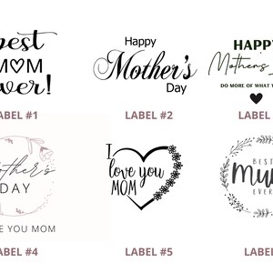 May include: Six different designs for Mother's Day gift tags. The tags feature various designs with floral elements, hearts, and text such as "best mom ever!" and "I love you mom".