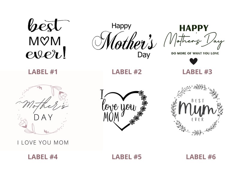 May include: Six different designs for Mother's Day gift tags. The tags feature various designs with floral elements, hearts, and text such as "best mom ever!" and "I love you mom".