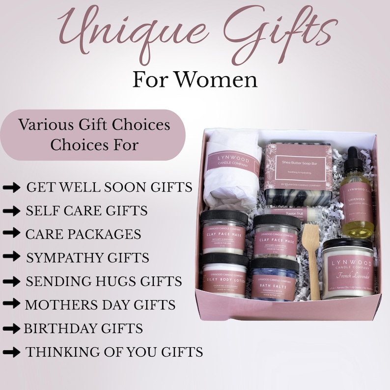 May include: A gift box with various self-care items, including a bar of soap, face masks, body lotion, bath salts, and a bottle of lavender oil. The box is labeled "Unique Gifts For Women" and includes text such as "Get Well Soon Gifts" and "Self Care Gifts."