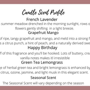 May include: Candle scent profile with descriptions for French Lavender, Grapefruit Mango, Happy Birthday, Green Tea Lemongrass, and Seasonal Scent. The text describes the scent of each candle.
