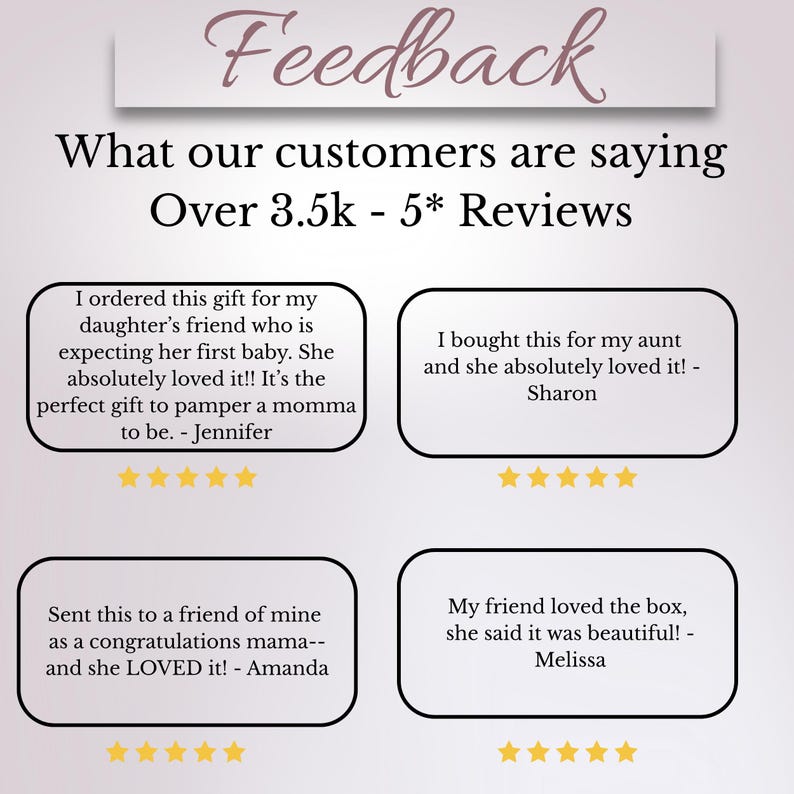 May include: Image featuring customer feedback with the word "Feedback" at the top. The text reads "What our customers are saying Over 3.5k - 5* Reviews." Several customer reviews are displayed, each with a 5-star rating.