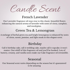 May include: A list of candle scents on a light purple background. The text includes "Candle Scent" at the top, followed by scent names like "French Lavender," "Green Tea & Lemongrass," "Birthday," and "Seasonal," with descriptions.