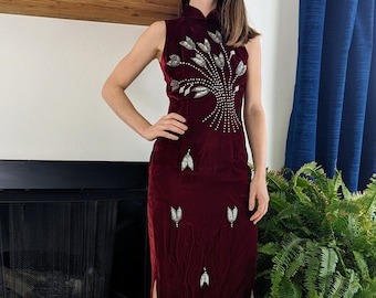 Vintage 90s Ruby Red Velvet Cheongsam Gown, Beaded Sleeveless Dress
