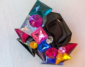 Vintage 80s Statement Brooch, Rhinestone Jewel Pin, Geometric Costume Jewelry