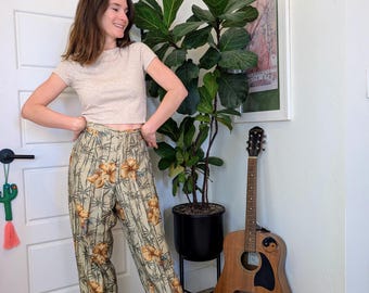Vintage Adrianna Papell Silk Beaded Pants | Hibiscus & Bamboo Print